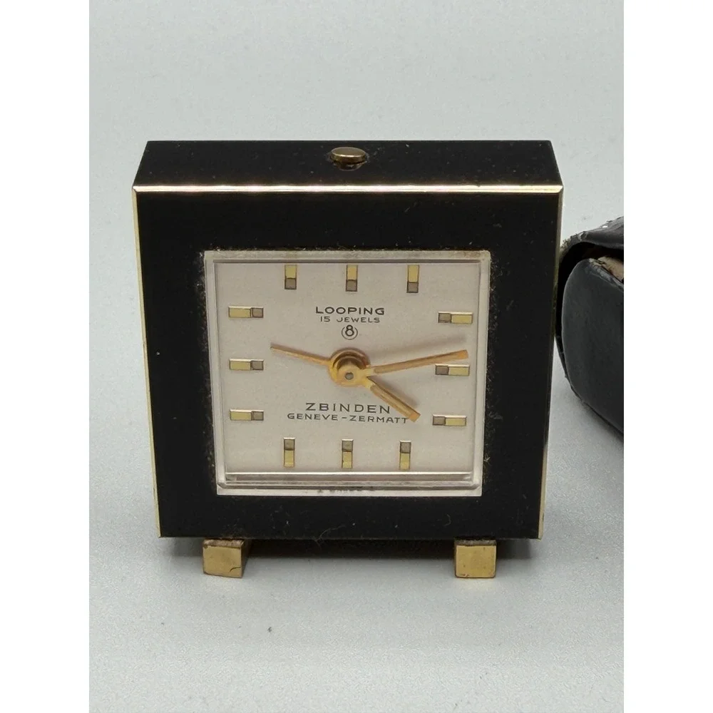 Vintage Looping 15 Jewels Travel Alarm Clock Swiss Zbinden Geneve Zermatt #1124